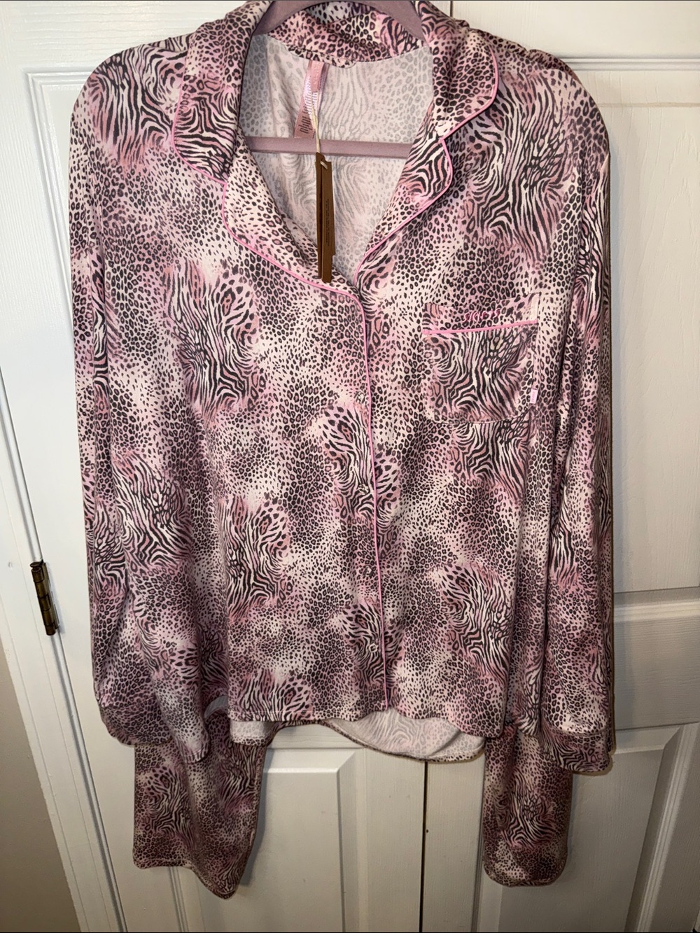 SKIMS Pink and Black Animal Print Satin Pajama Set
